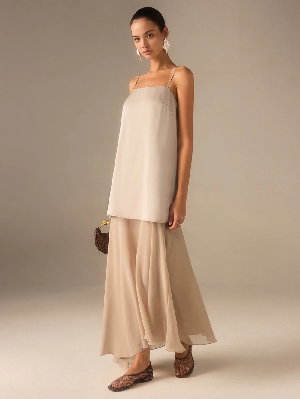 NWT Commense 2 in 1 Semi-Sheer Chiffon Cami Maxi Dress Khaki Size Medium - Picture 6 of 10